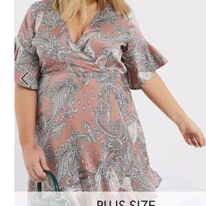AX Paris Curve Mini Wrap Dress US Plus 16 Pink‎ Silver Paisley NWT Boho Brunch
